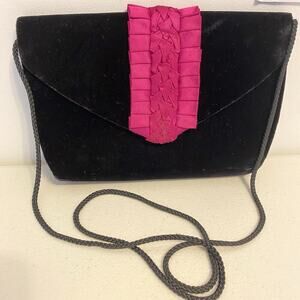 VTG 80s-90s Carla Marchi Crossbody Bag Purse Black Velvet Satin Fuchsia Retro